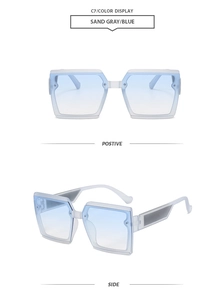 Detail view of sand gray square sunglasses with blue gradient lenses in front and side angles
