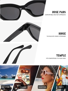 Détail de lunettes de soleil œil-de-chat avec charnières métalliques et branches ergonomiques