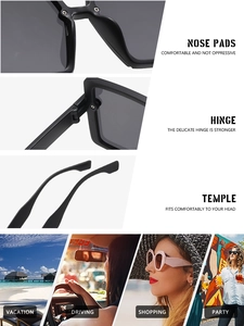 Detail view of durable hinges and comfortable nose pads on square oversized sunglasses