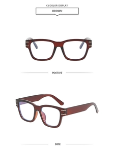 Detail view of brown square glasses frame showing silver metal hinge accents on the side