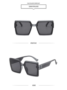 Front and side views of gray square frame sunglasses with black lenses and modern style