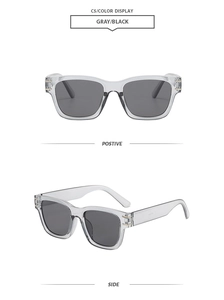 Detail view of transparent gray square sunglasses with dark black lenses and gold hinges