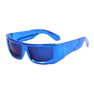 Futuristic wraparound sports sunglasses with bright blue mirrored lenses and metallic frame