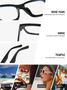 Detail of sturdy hinges and ergonomic nose pads on retro square glasses frame
