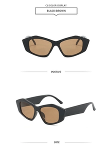 Front and side views of black irregular cat eye sunglasses with brown lenses