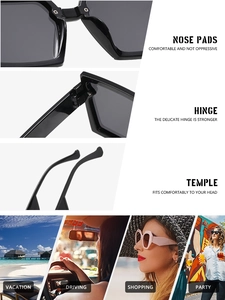 Detail of square sunglasses showing reinforced hinges, nose pads, and ergonomic temples