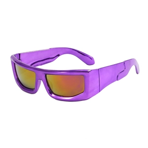 Y2K futuristic purple metal sunglasses with orange gradient mirror lenses in 45-degree view