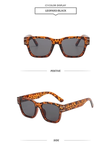 Detailed views of leopard print square sunglasses with dark lenses and gold metal accents