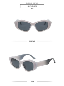 Detailed views of irregular cat eye sunglasses with grey-black gradient lenses in C5 color