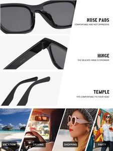 Detail view of square sunglasses with metal hinges and integrated nose pads for comfort