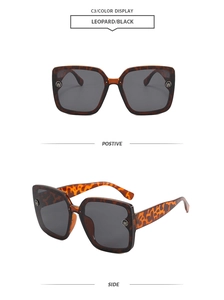 Detailed front and side view of leopard print square sunglasses with dark grey lenses
