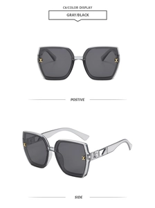 Detail view of transparent grey square sunglasses with golden metal accents and dark lenses