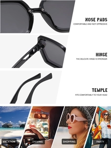 Detail view of durable hinges and comfortable nose pads on stylish square sunglasses