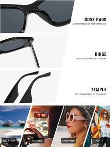 Detail of oversized cat eye sunglasses with reinforced hinges and integrated nose pads