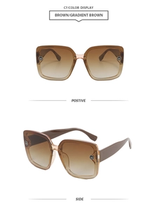 Detailed front and side views of square oversized sunglasses with brown gradient lenses