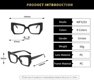 Detailed size chart for retro oversized polygon glasses with full frame dimensions