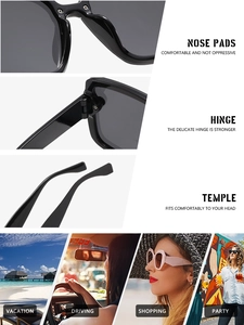 Detail view of reinforced hinges, nose pads, and ergonomic temples on square sunglasses