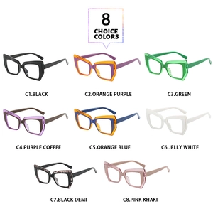 Collage of multi-colored polygon anti-blue light glasses frames in eight trendy colorways
