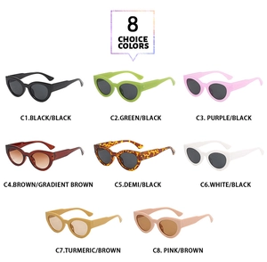 Collage of retro cat eye sunglasses in eight vibrant colors with dark tinted lenses