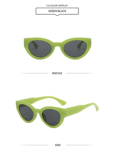Front and side views of vintage cat eye sunglasses in vibrant green with black lenses