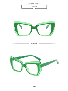Front and side views of translucent green geometric cat-eye glasses frames for women