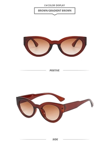 Brown cat eye sunglasses with gradient lenses shown from front and side view angles