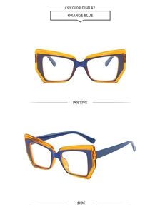 Detail view of stylish geometric cat-eye glasses frames in contrast orange and blue finish