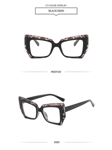 Detailed views of geometric cat-eye glasses frames in black demi tortoiseshell finish