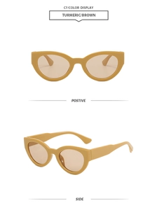 Detail view of turmeric cat-eye sunglasses with brown lenses from front and side angles