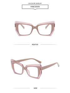 Detail view of pink khaki geometric polygon eyeglasses frames in front and side perspectives