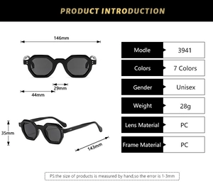 Detailed size specifications for small polygon frame sunglasses with PC lens measurements