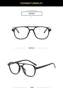 Classic black square glasses with double bridge frame shown from front and side angles