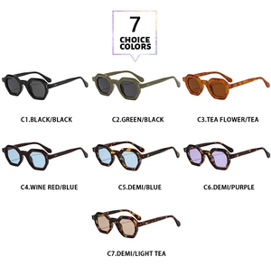 Detailed grid of small polygon sunglasses showing seven color choices with metal studs