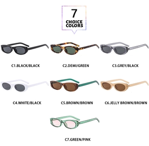 Collage of retro oval sunglasses showing seven stylish color options with trendy frames