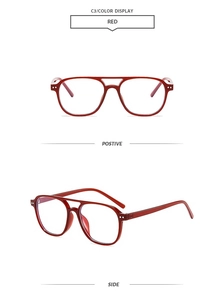 Front and side views of red retro square eyeglasses frames with double-bridge design