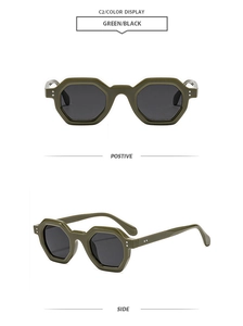Detail view of olive green octagonal sunglasses featuring silver rivets and black lenses