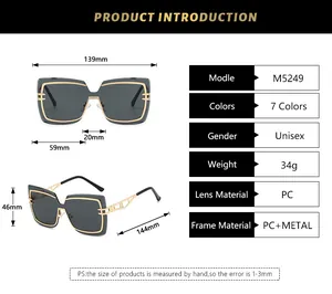 Detailed size chart for rimless polygon sunglasses with precise frame dimensions