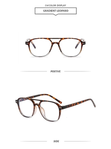 Detail view of gradient leopard square glasses frame with double bridge retro design