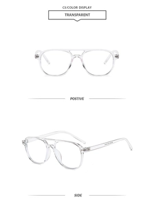 Detailed views of transparent aviator glasses frames with double bridge and side logo