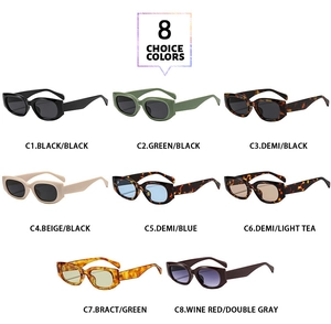 Grid display of vintage small cat eye sunglasses in eight different stylish color frames