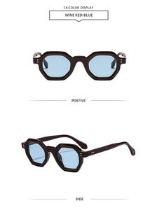 Front and side views of retro wine red polygon sunglasses with stylish blue lenses