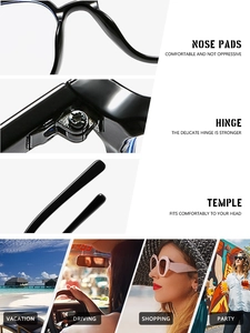 Details of nose pads, hinges, and temples with lifestyle scenes for square glasses