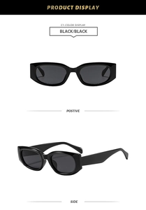 Front and side views of vintage black cat-eye sunglasses with thick rectangular frames