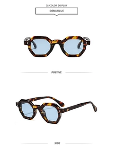 Detail of demi tortoise shell polygonal sunglasses with blue lenses and keyhole bridge