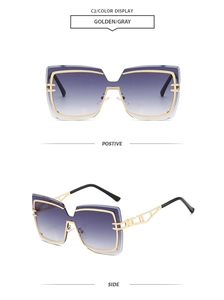 Detail view of golden irregular sunglasses with hollow geometric temples and gradient lenses