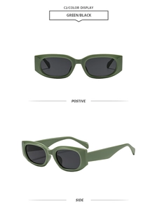 Front and side view of olive green cat eye sunglasses with dark lenses in retro style
