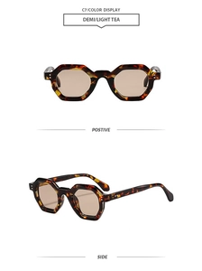 Detailed view of tortoiseshell hexagonal sunglasses with light tea lenses in two angles