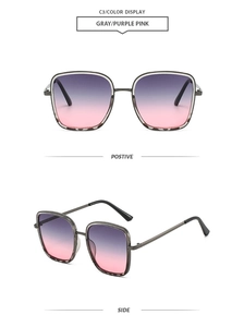 Vues détaillée de face et de profil de lunettes de soleil carrées à verres dégradés violets