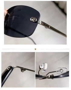 Detailed macro view of rimless sunglasses hinge, silver metal temples and nose pads