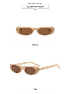 Macro view of retro jelly brown polygonal frame sunglasses with detailed side view